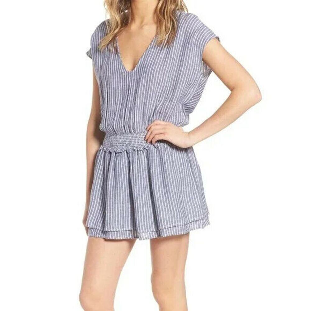 Rails Lucca Dress M Blue Terrenas Stripe V-Neck Mini Linen Blend Smocked